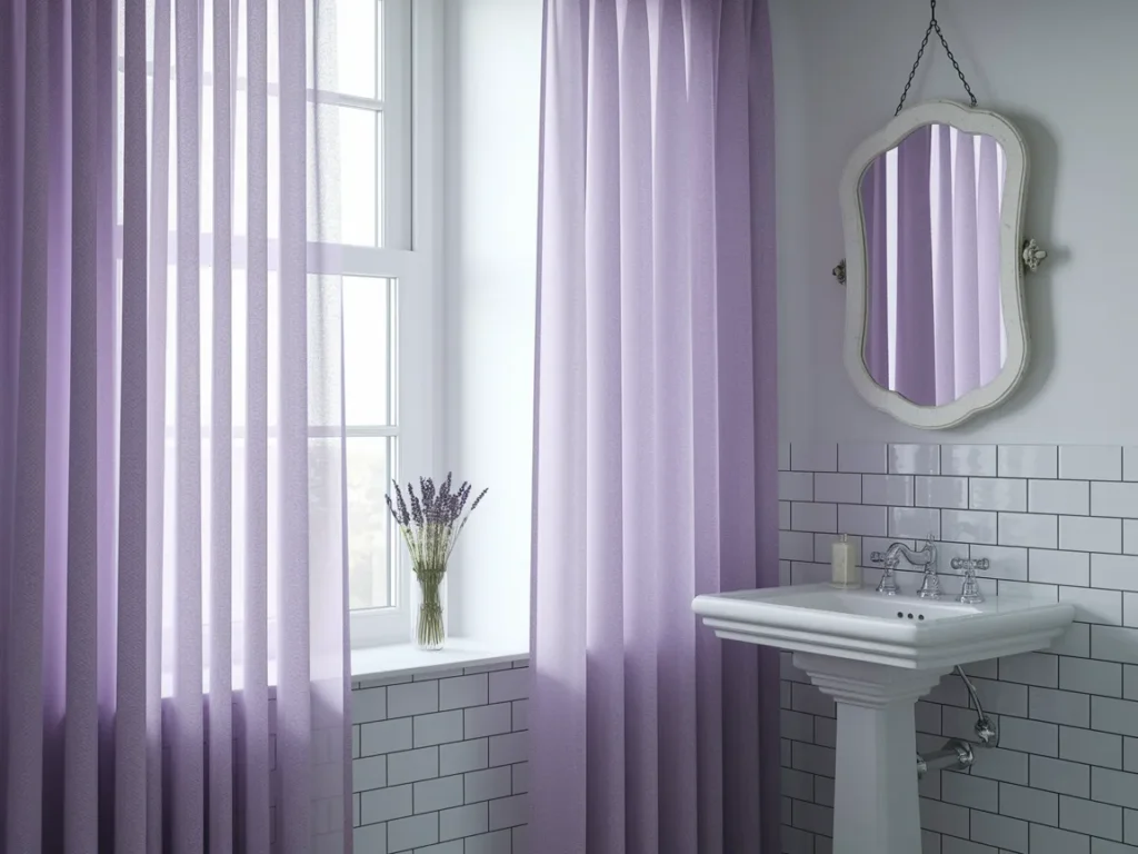 peaceful bathroom with soft lavender sheer