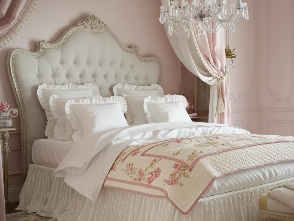 romantic bedroom featuring a French-style upholstered 