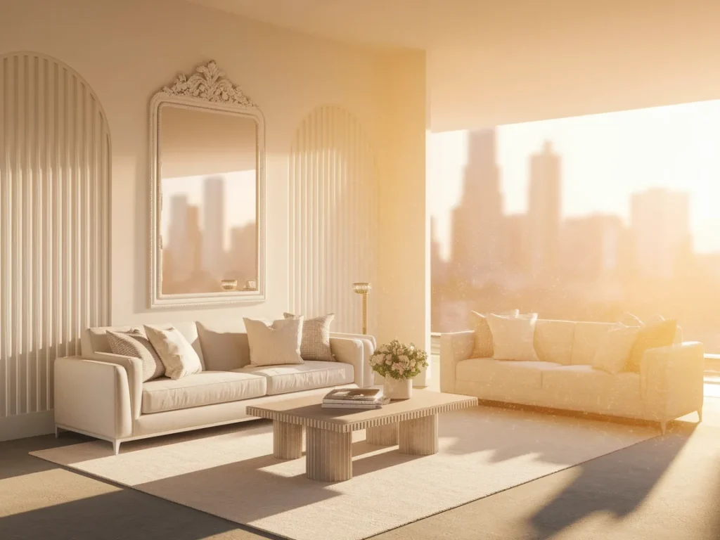 room with oversized mirror above sofa