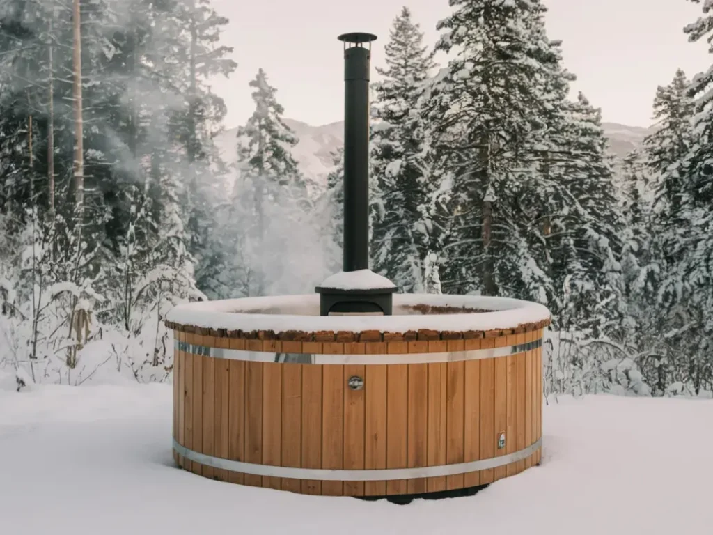 round cedar wood hot tub with visible steel bands