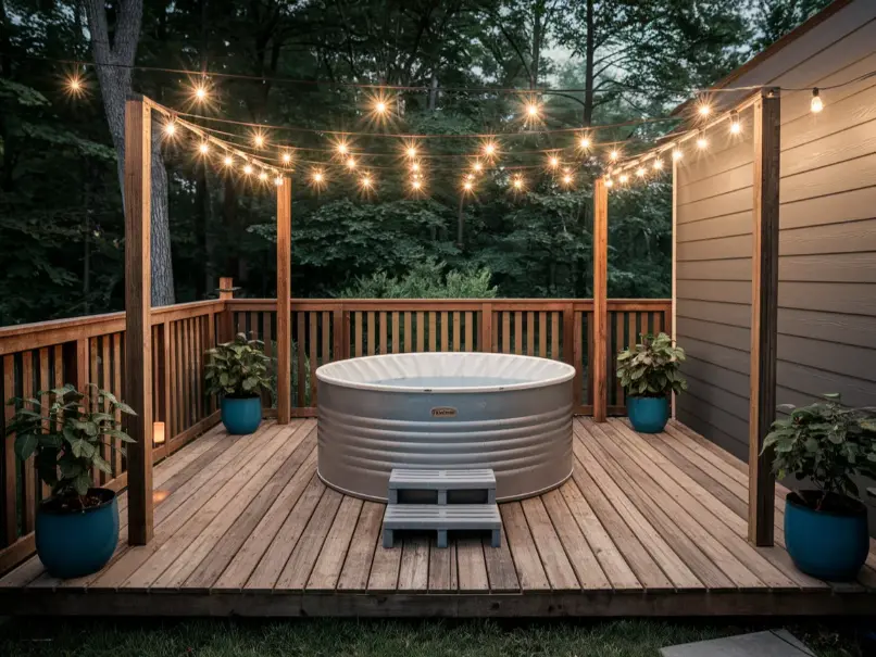 rustic hot tub installation with a reclaimed pallet