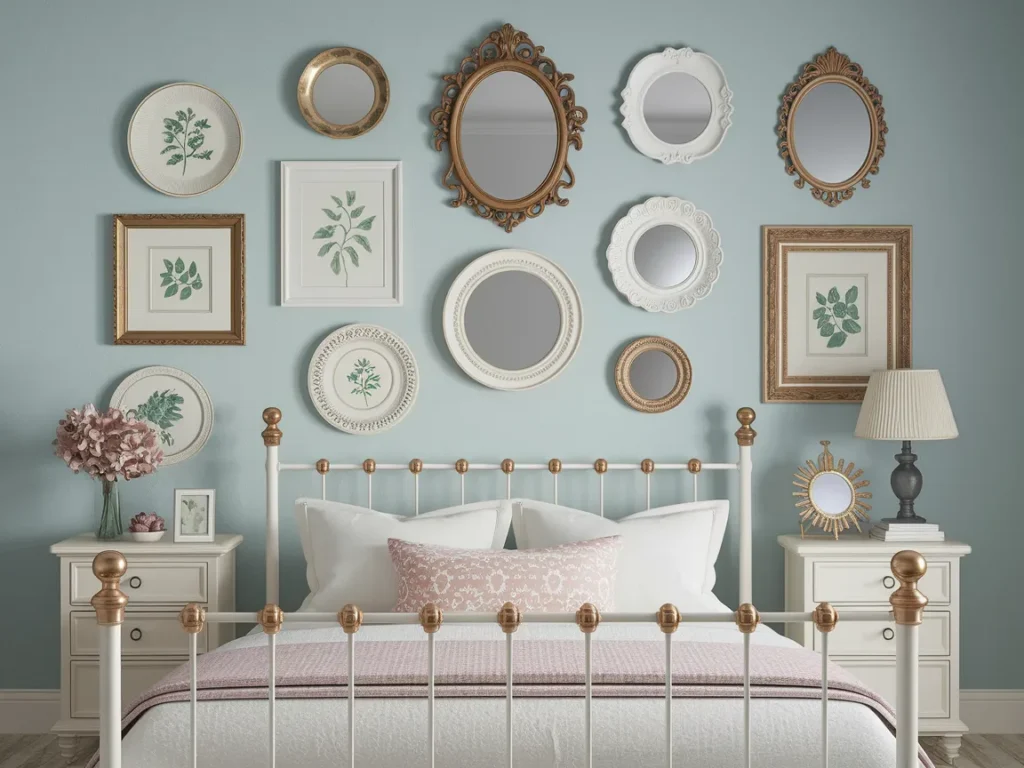 shabby chic bedroom gallery wall above bed