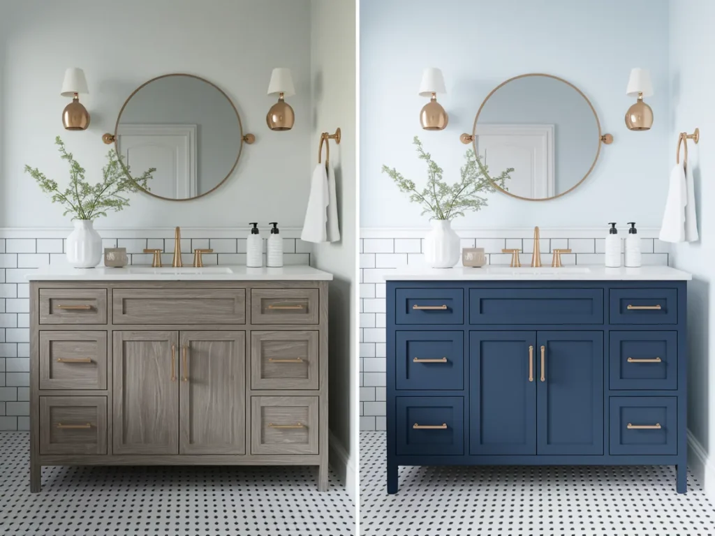 side-by-side before and after of a bathroom vanity