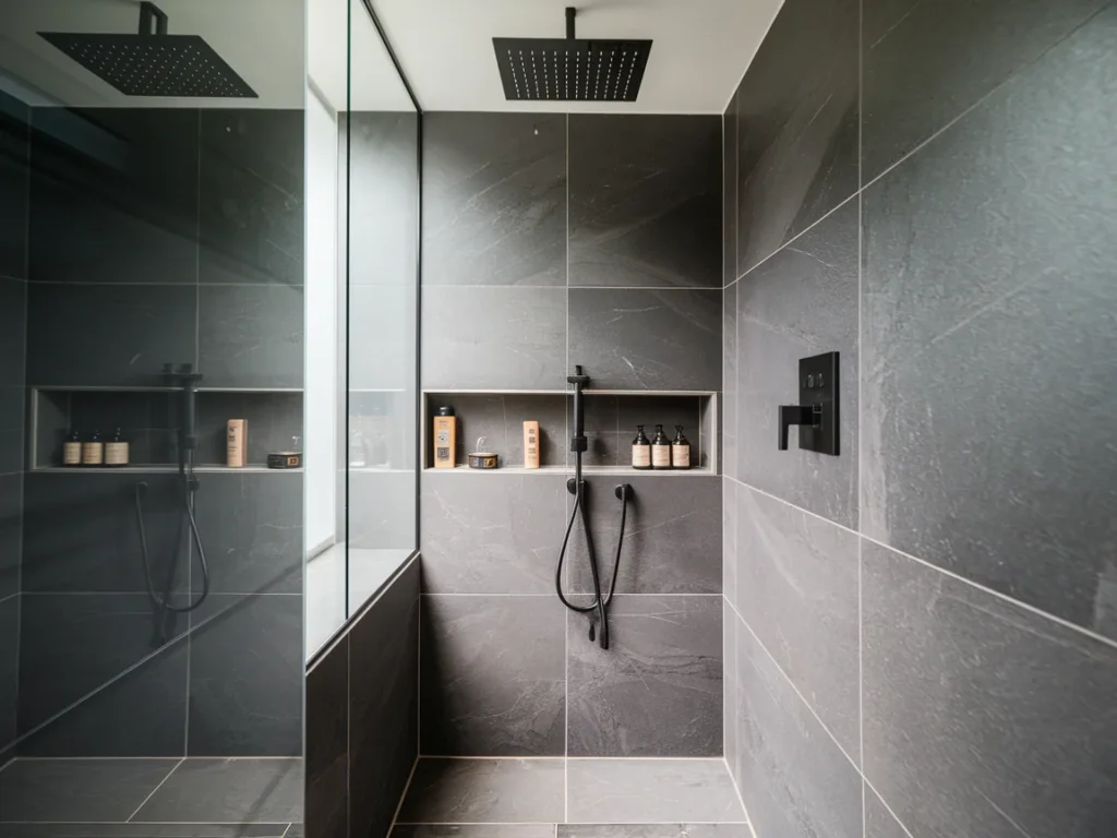 sleek walk-in shower with frameless glass panel