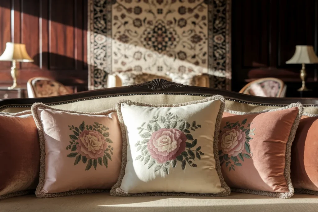 sofa with decorative pillows in classic prints