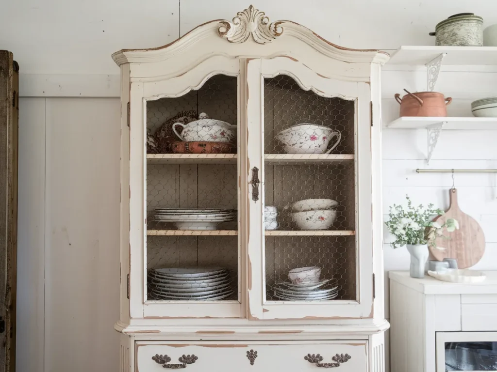 tall French country armoire with distressed white paint finish