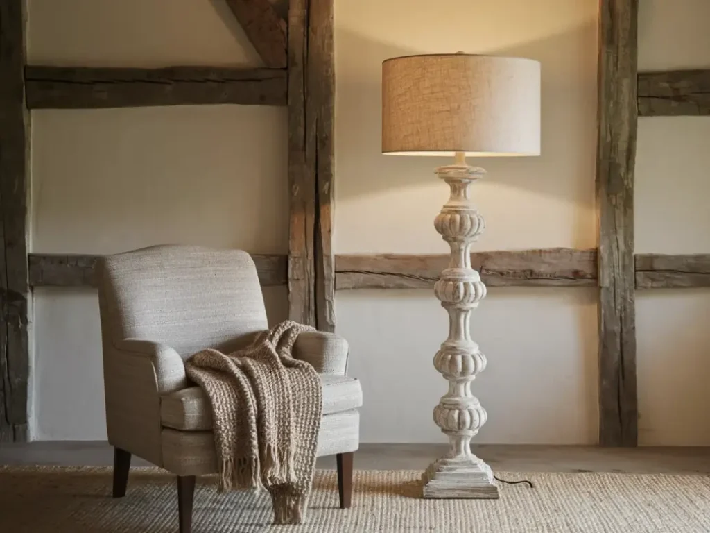 tall rustic shabby chic floor lamp with carved whitewashed
