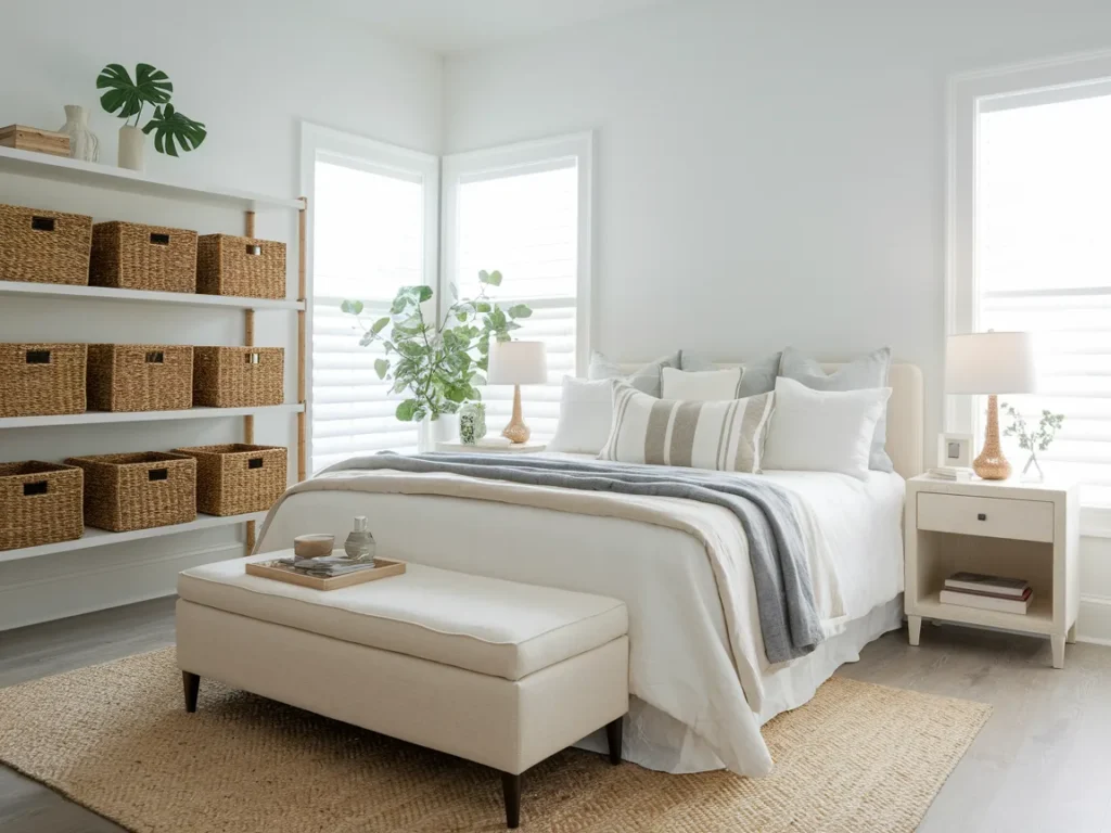 tidy bedroom showing smart storage woven