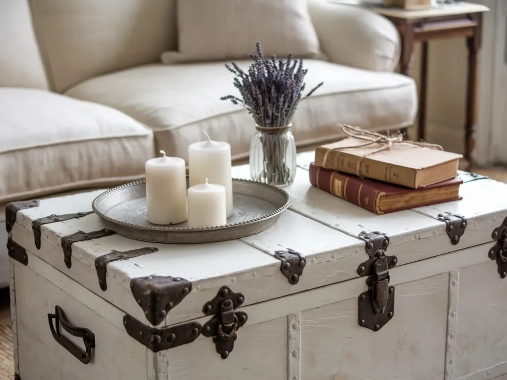 vintage whitewashed wooden trunk repurposed as a coffee table