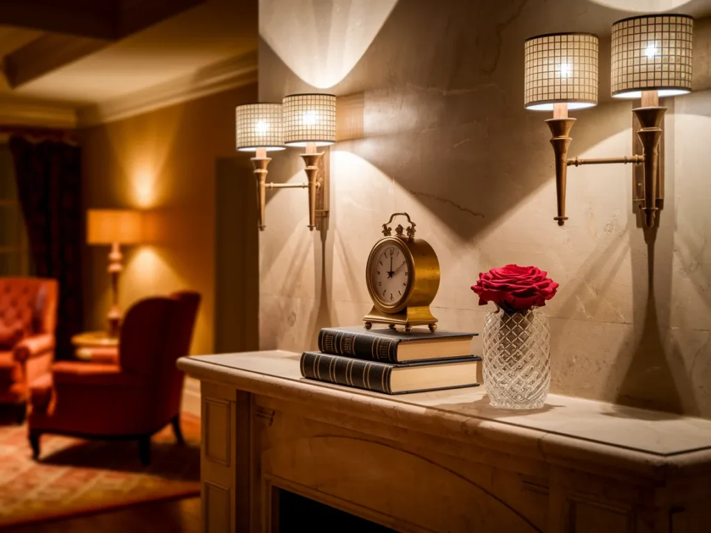 wall framed by matching wall sconces