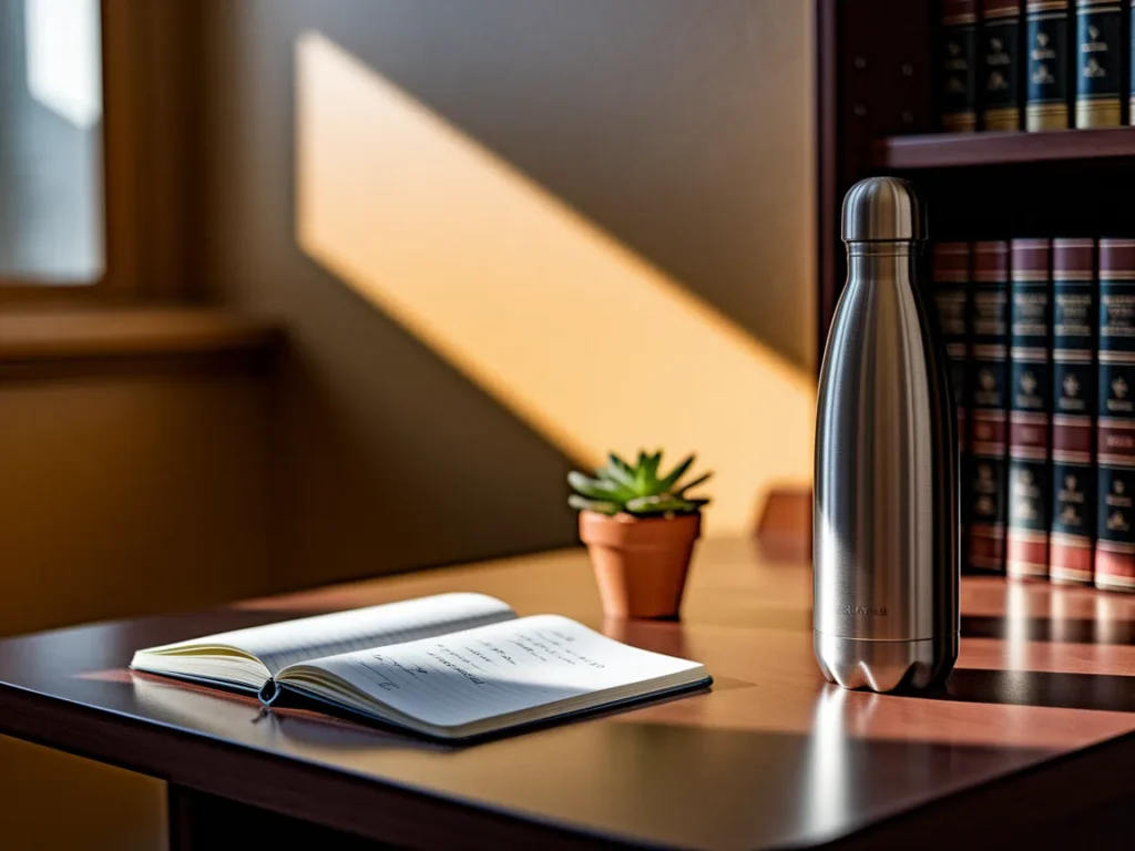 water bottle on dorm desk with minimal decor,