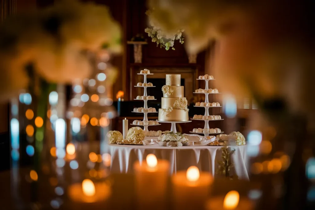 wedding dessert table with layered stands