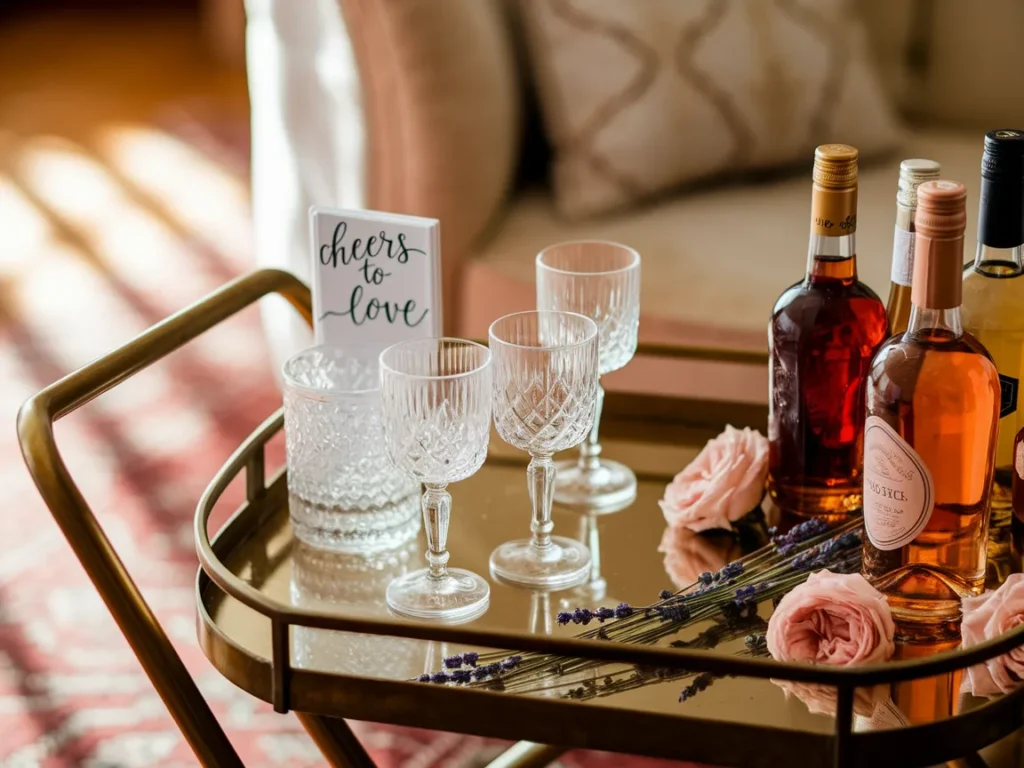 wedding mini bar cart setup with drinks