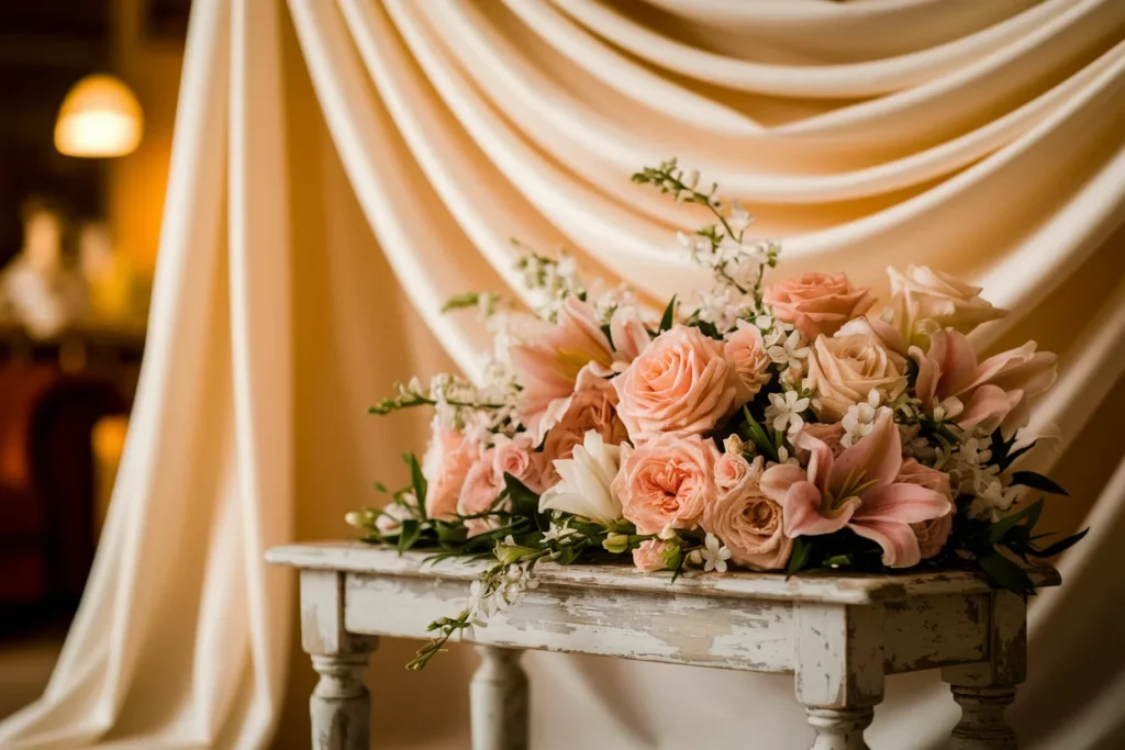 wedding photo corner with fabric backdrop