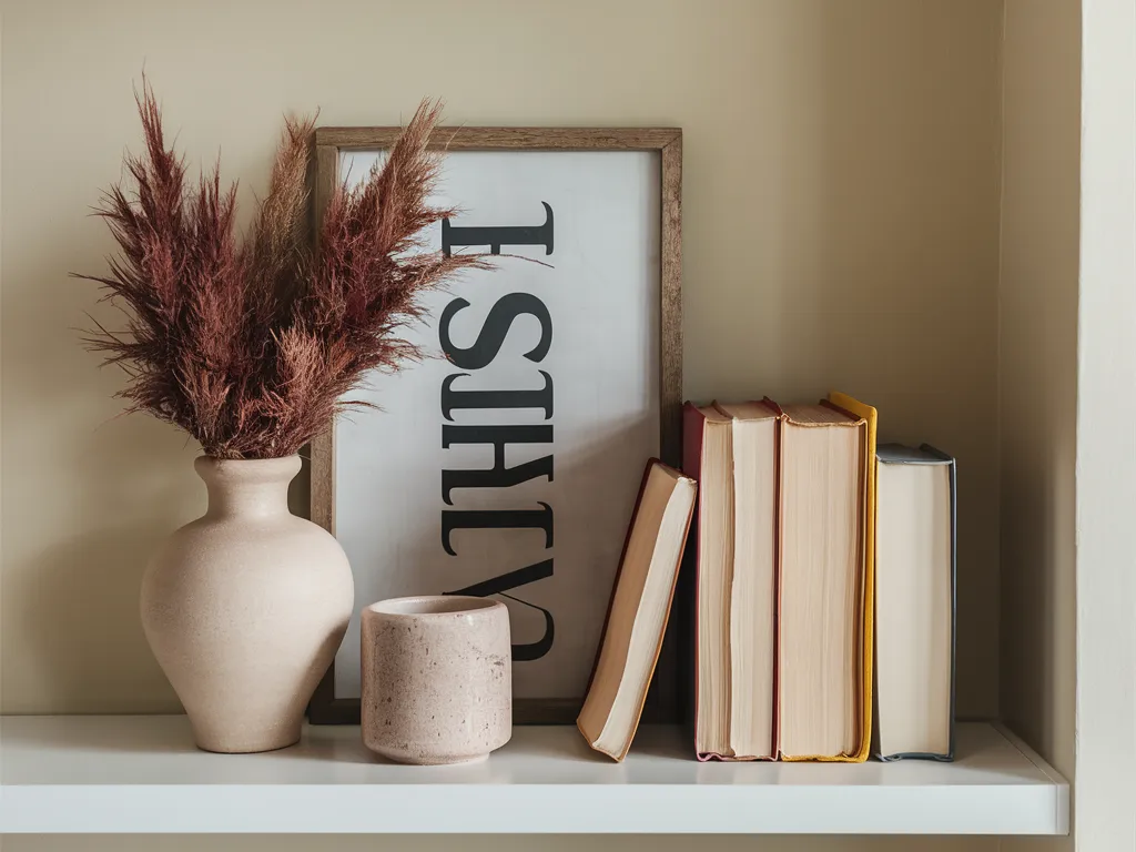 wood sign leaning behind vase and books