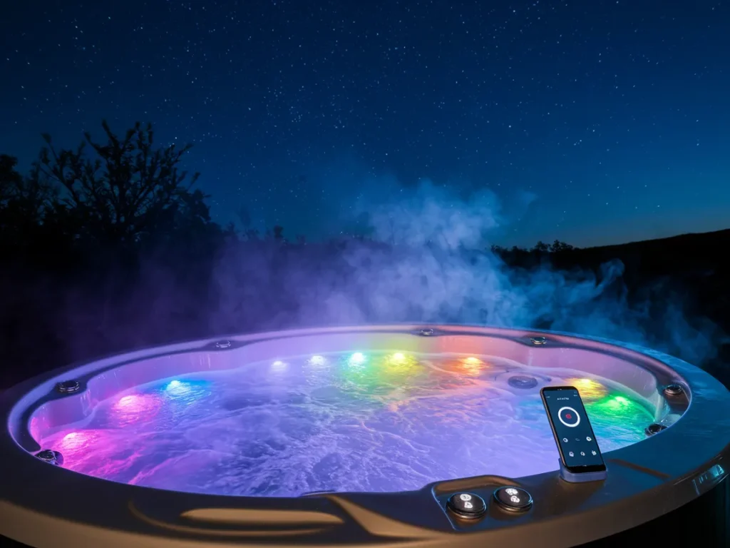 2 person jacuzzi at night showcasing LED lighting