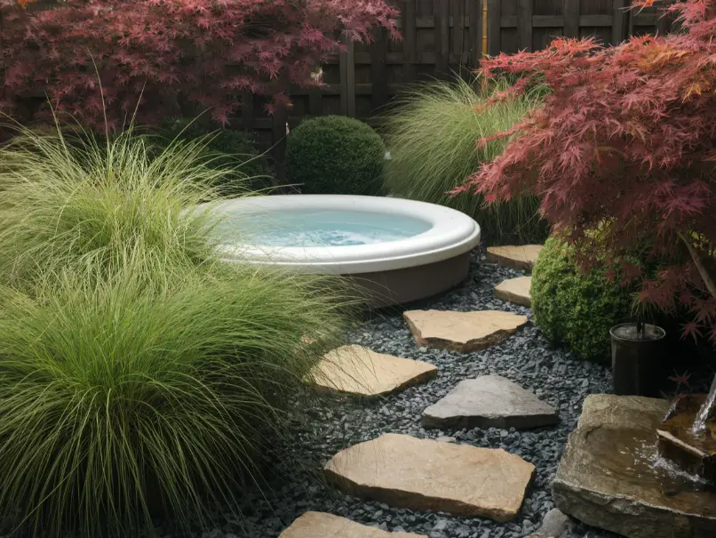 2 person jacuzzi nestled among lush garden plants