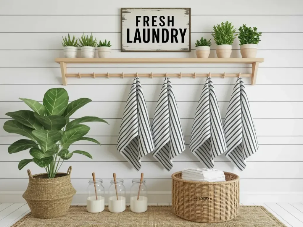 A charming laundry room with vintage Fresh Laundry sign