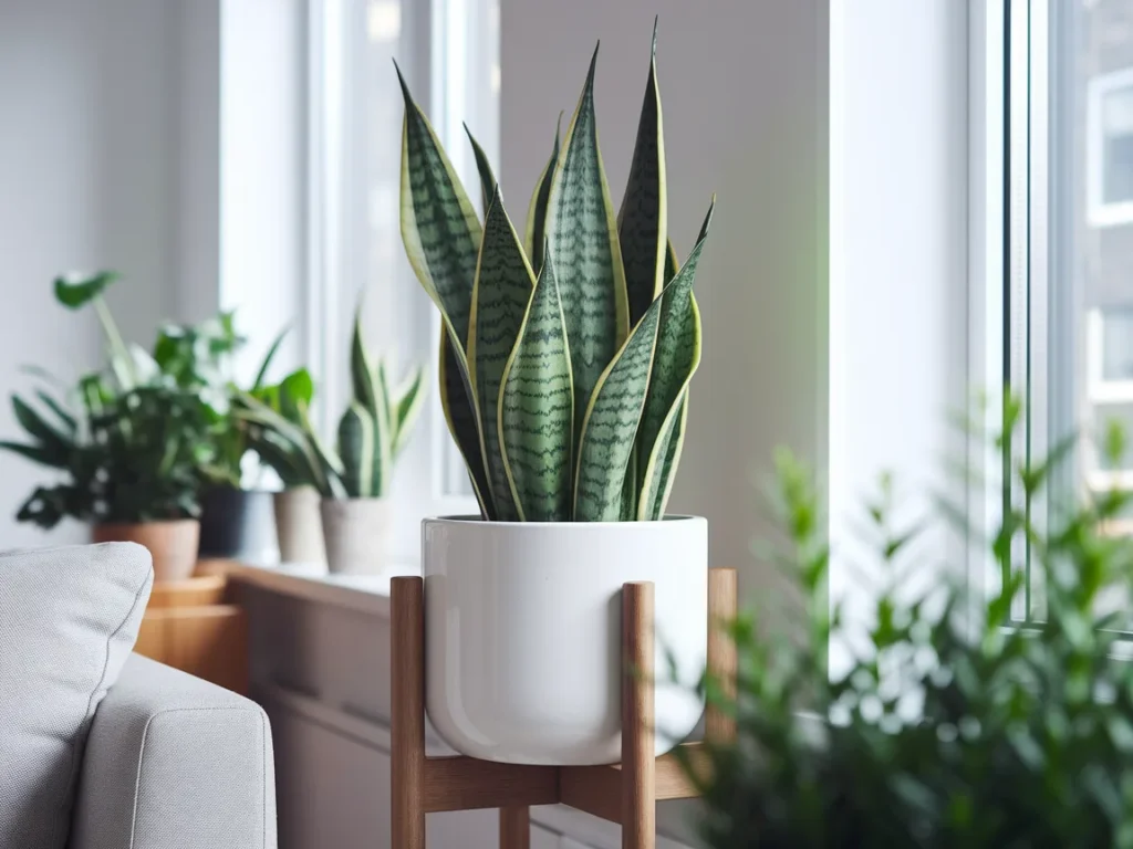 A healthy green snake plant in a modern white ceramic pot