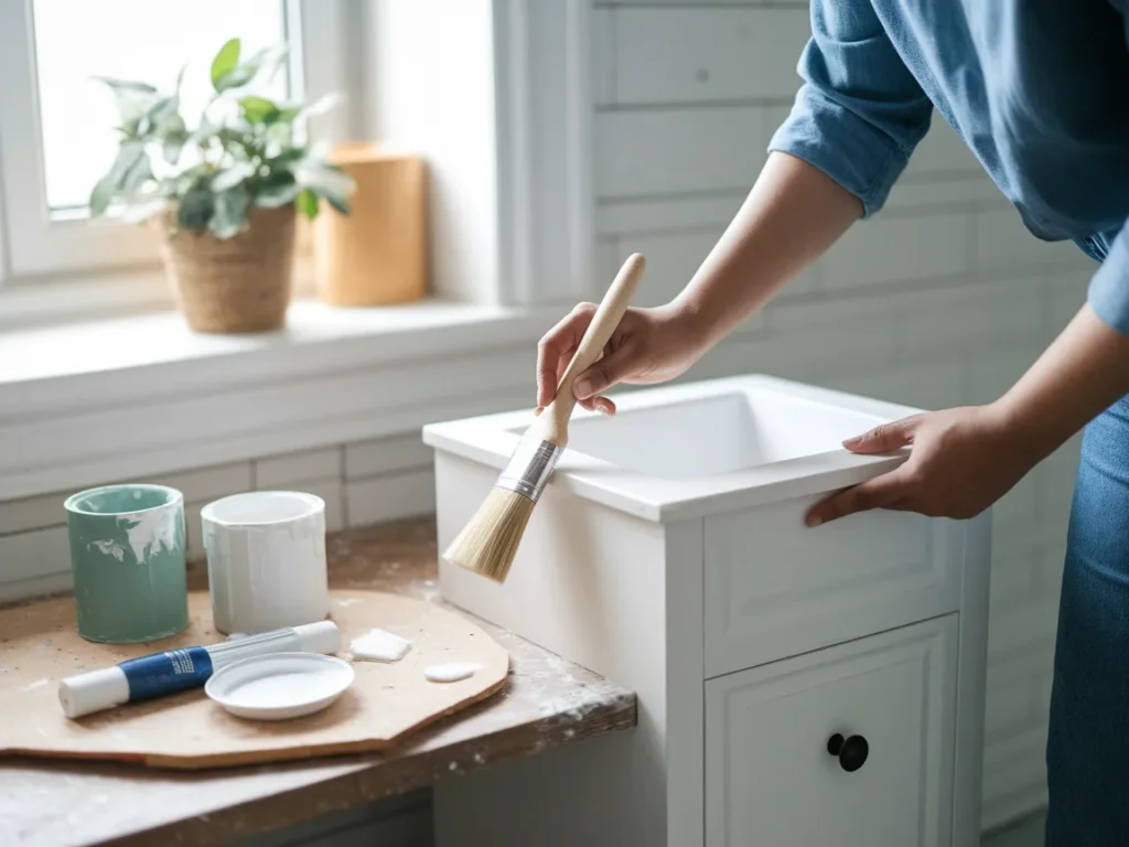 A person wearing casual clothes painting a small bathroom vanity cabinet