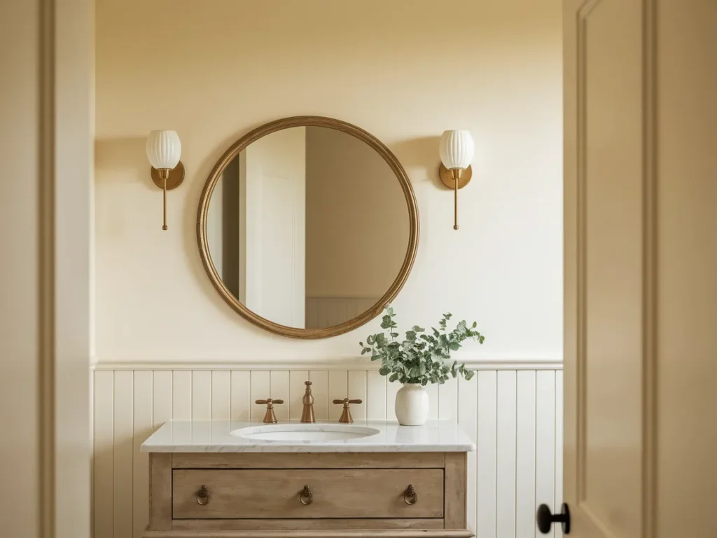 A round gold-framed mirror above a small bathroom vanity
