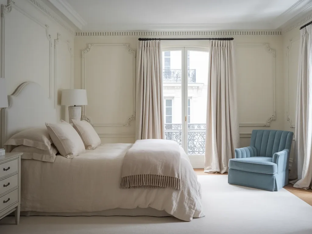 A serene Parisian bedroom in layers of white and cream, with beige linen bedding
