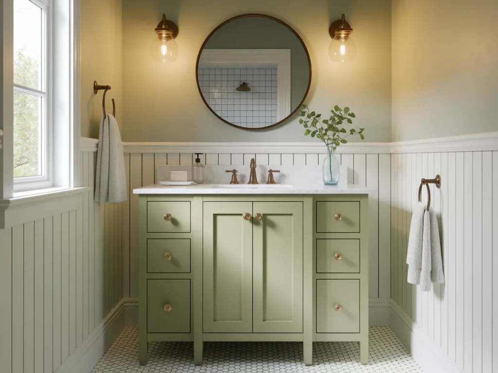 A small bathroom vanity cabinet freshly painted in sage green