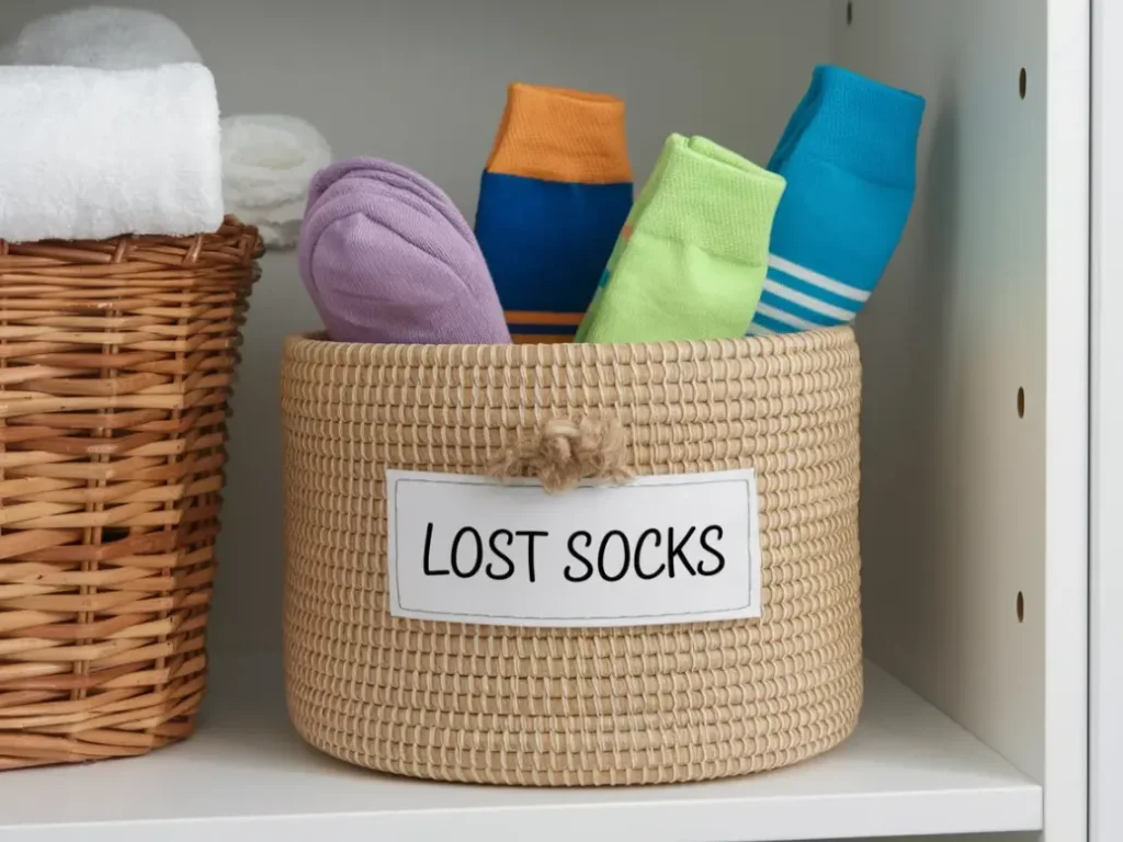 A small wicker basket labeled Lost Socks