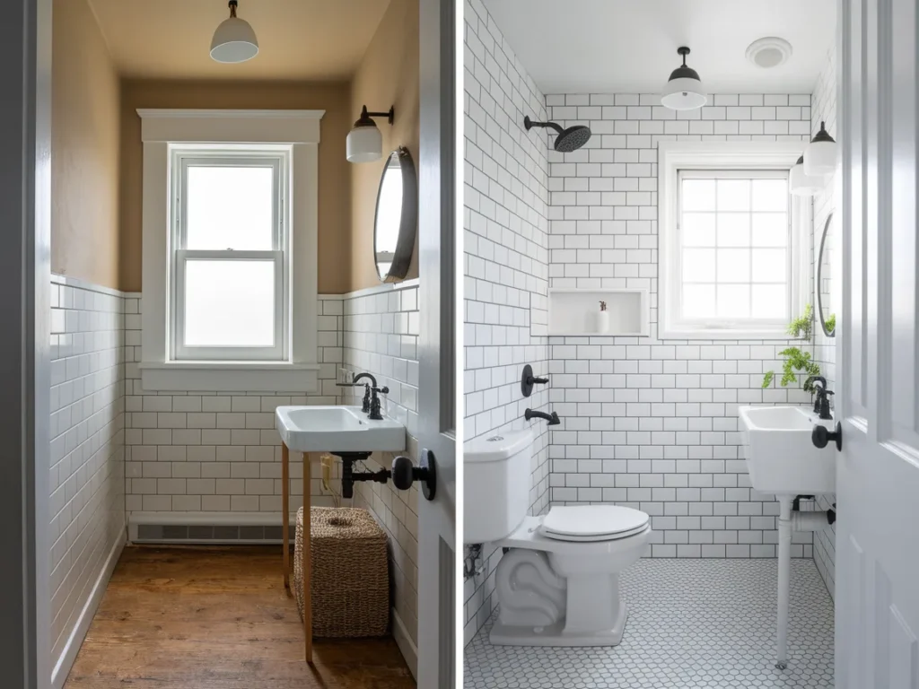 A split-screen before and after photo of a small bathroom makeover