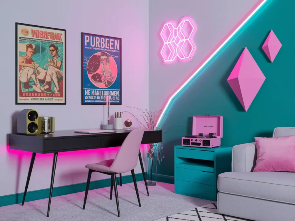 A vaporwave-inspired apartment corner with neon pink and purple LED lighting