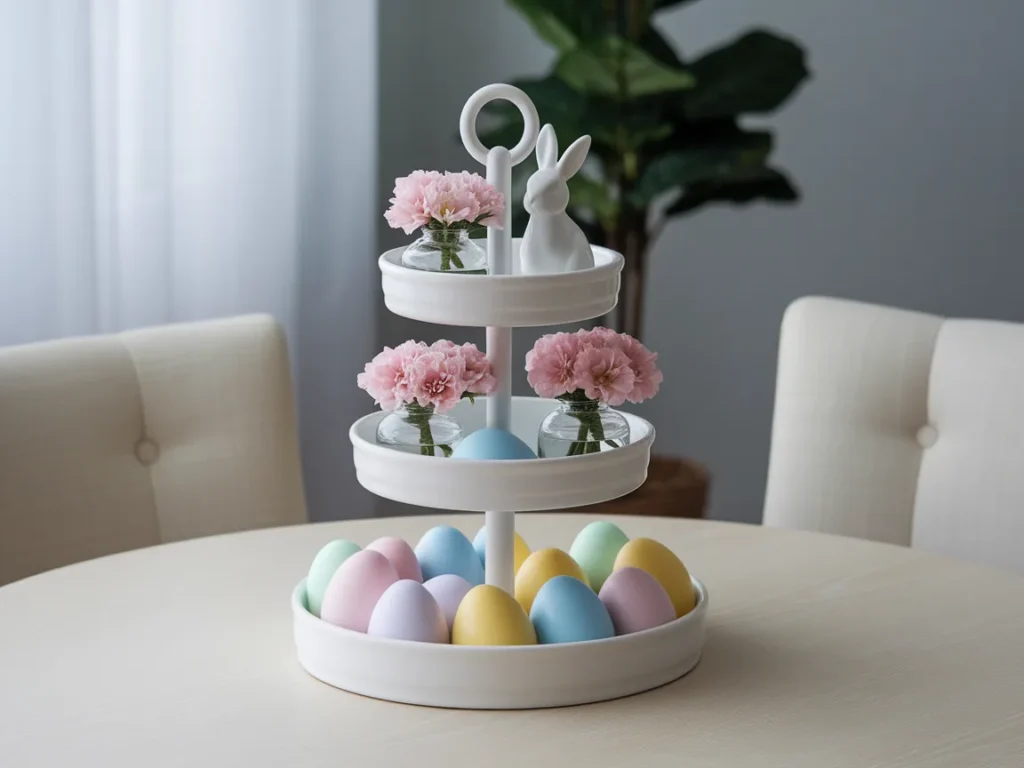 A white three-tiered tray filled with pastel Easter eggs