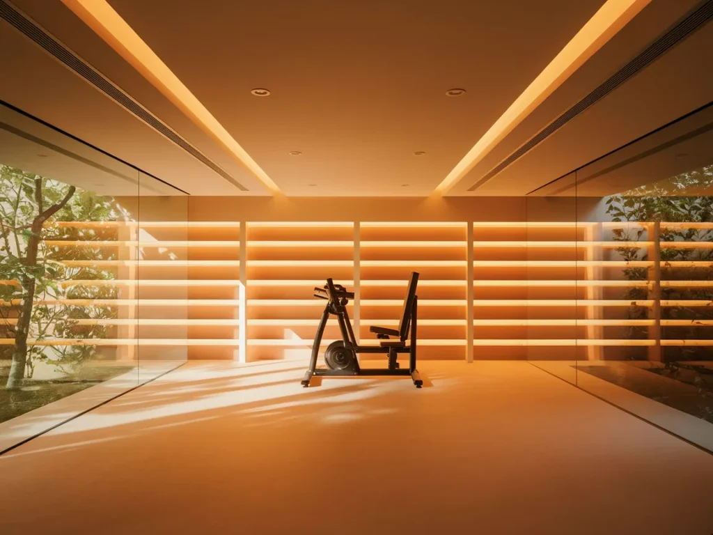 Bright home gym with large windows