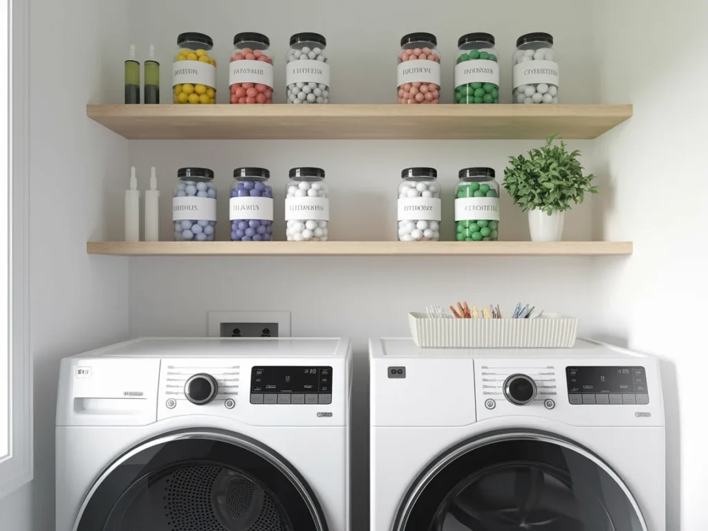 Bright white laundry room with two floating 