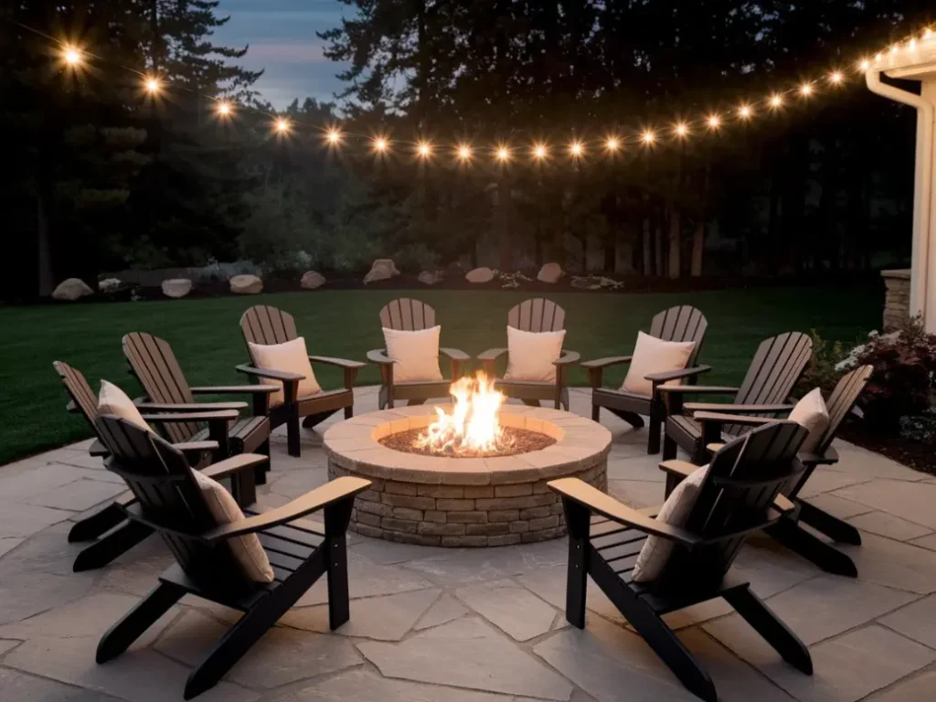 Circular stone fire pit at dusk with Adirondack