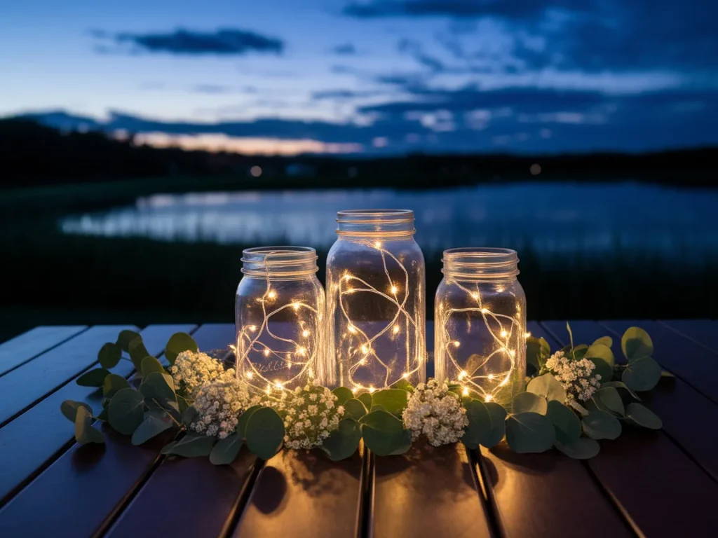 Clear mason jars with warm white fairy lights glowing inside