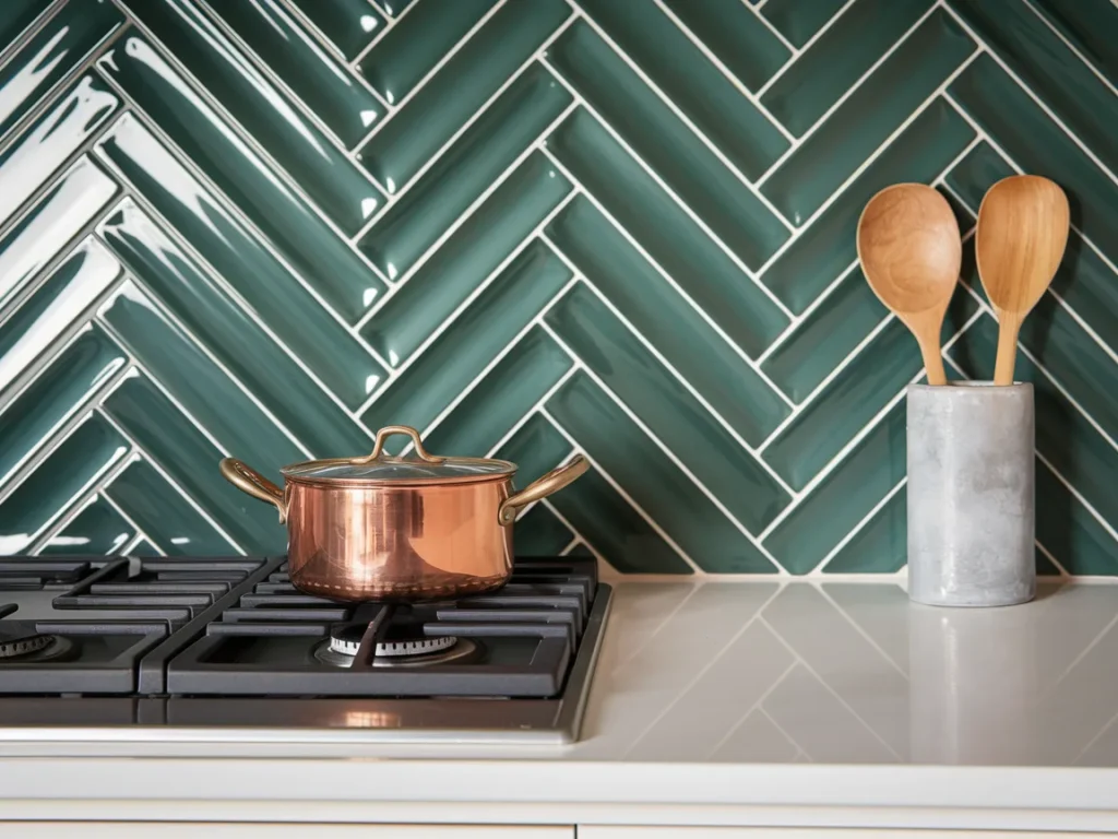 Close-up of a stunning herringbone pattern backsplash