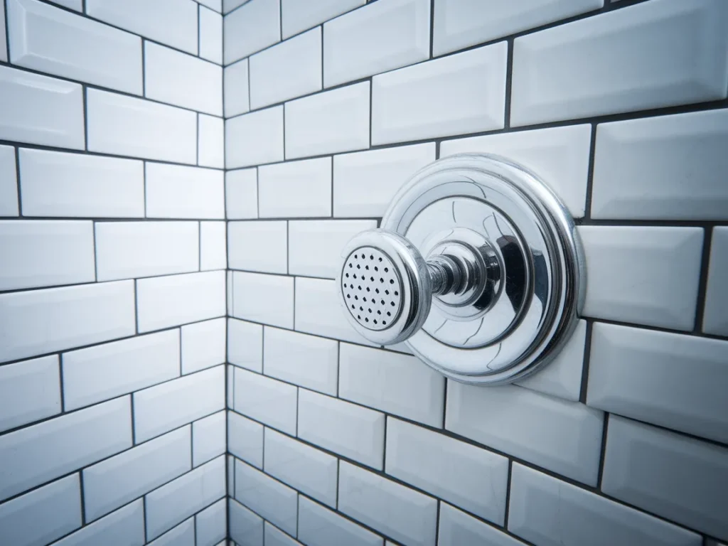 Close-up of clean, bright white grout between white subway