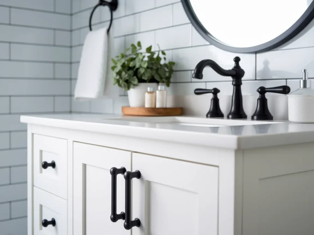 Close-up of matte black bathroom hardware on a white vanity
