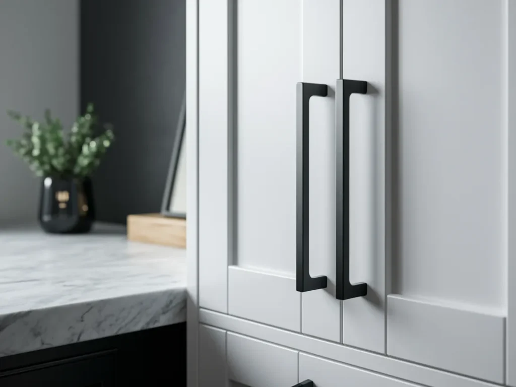 Close-up of sleek matte black cabinet pulls
