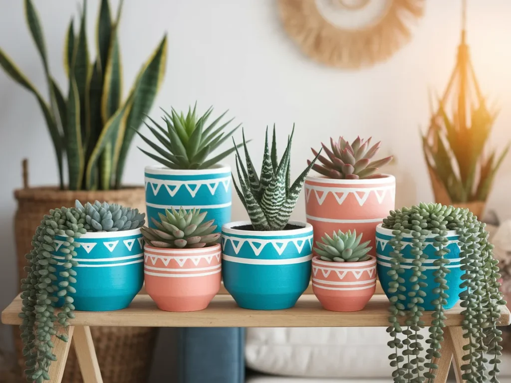Collection of hand-painted terra cotta pots in turquoise