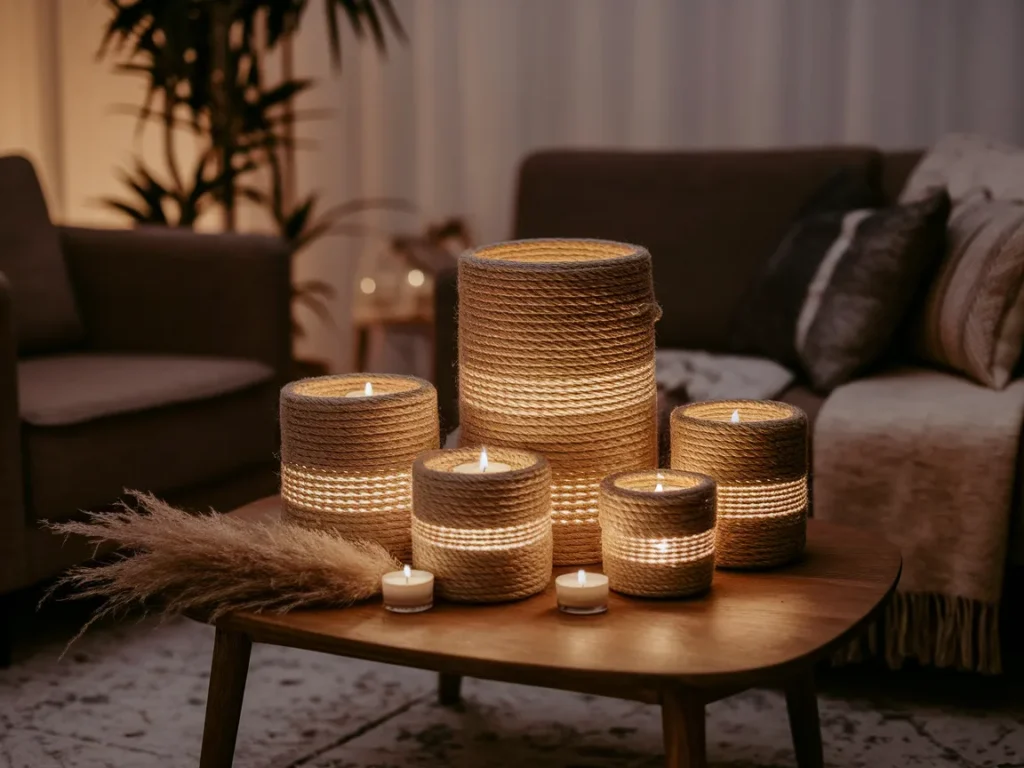 Collection of rustic candle holders wrapped