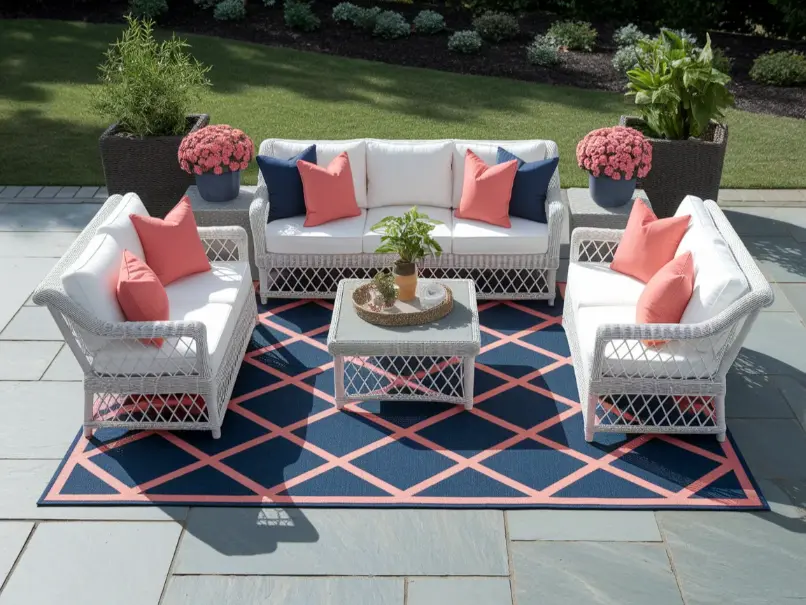 Colorful geometric outdoor rug in navy and coral