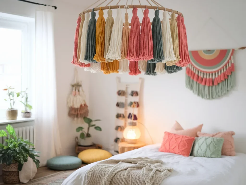 Colorful tassel chandelier hanging from ceiling with yarn