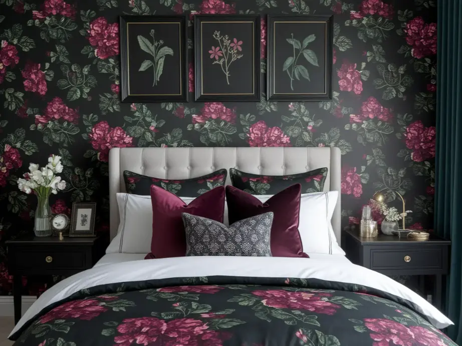 Dark feminine bedroom with moody floral wallpaper 