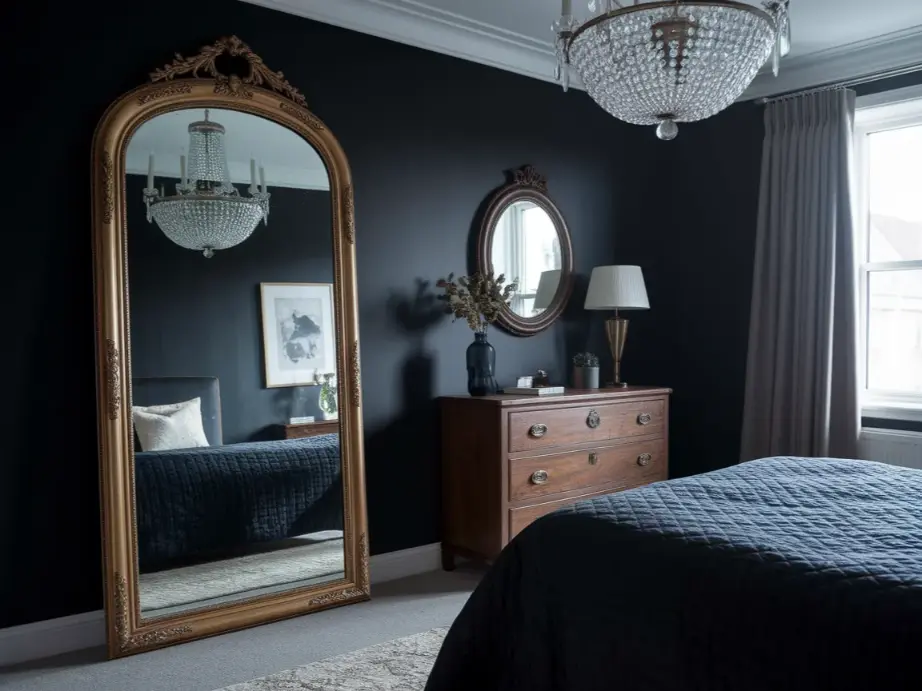 Dark moody bedroom with large ornate gold-framed