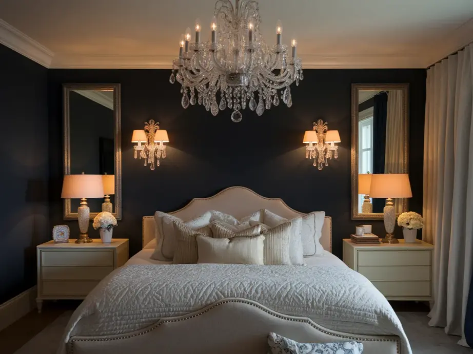Dark romantic bedroom with ornate crystal chandelier