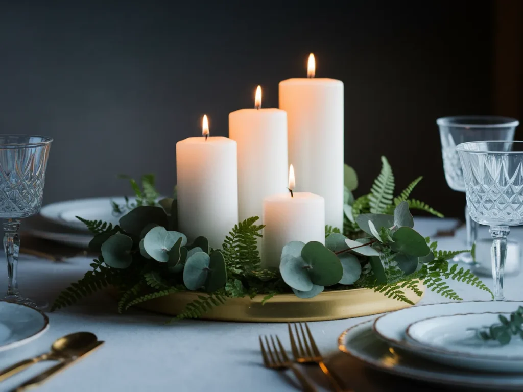 Elegant white pillar candles of varying heights