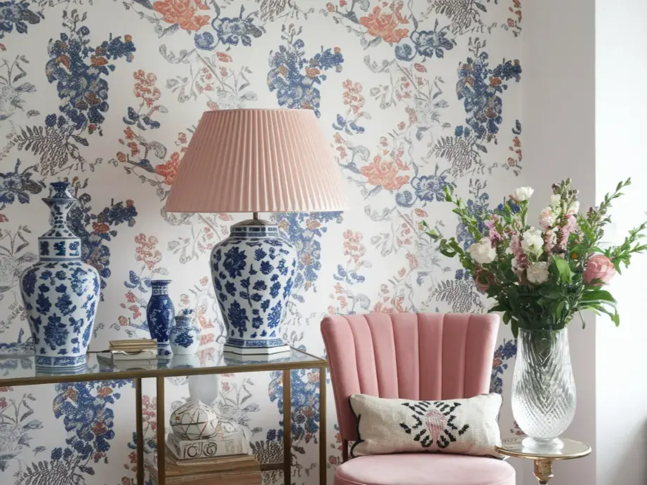 Grand Millennial apartment space with floral wallpaper