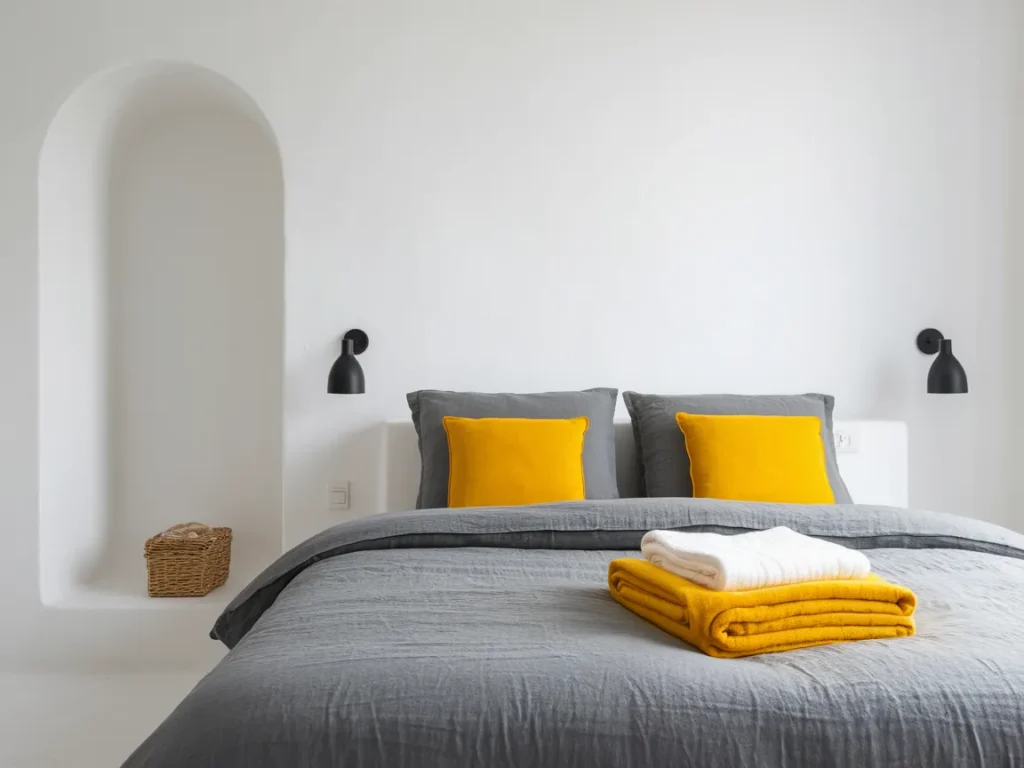 Gray linen bedding with bright yellow accent pillows 