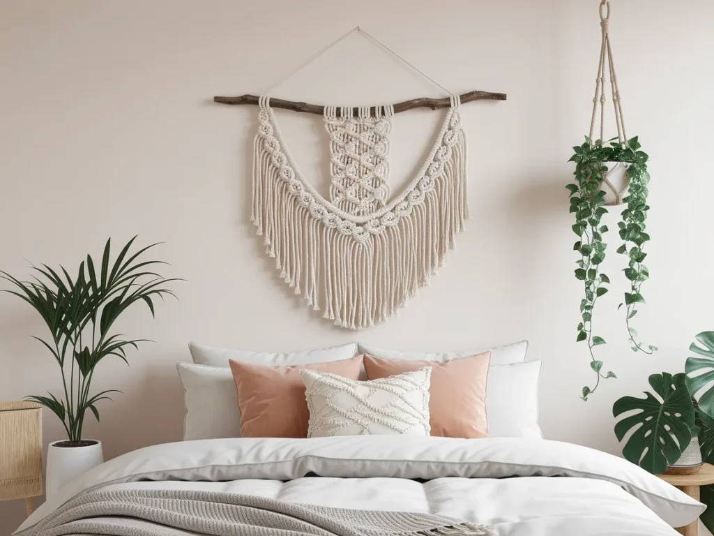 Handmade cream macrame wall hanging on wooden dowel,